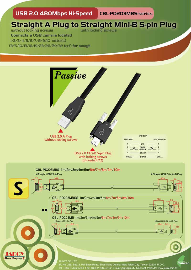 Straight USB 2.0 Mini-B Plug,with locking screws